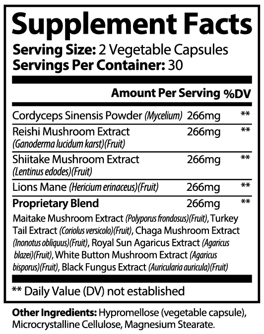 Mushroom Complex 10 X - Supplement facts panel